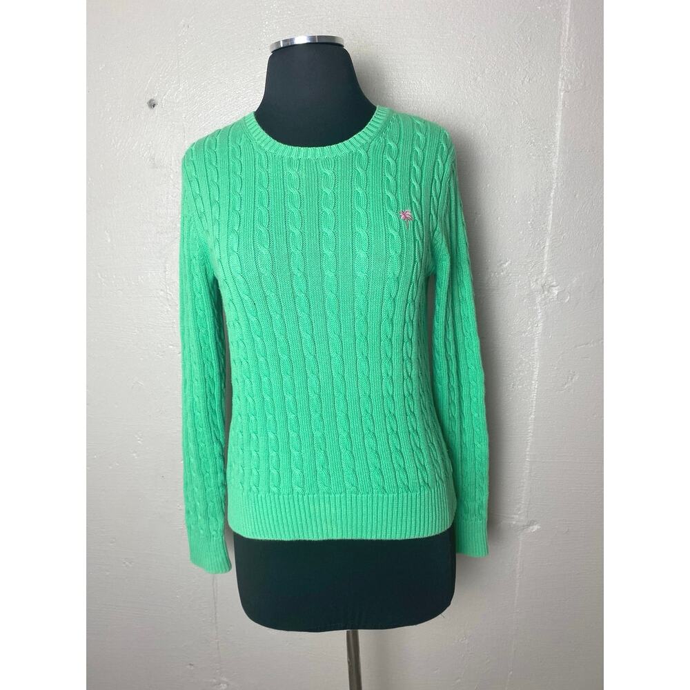 LILLY PULITZER Maria Cotton Cableknit Sweater Green Medium Pink Logo